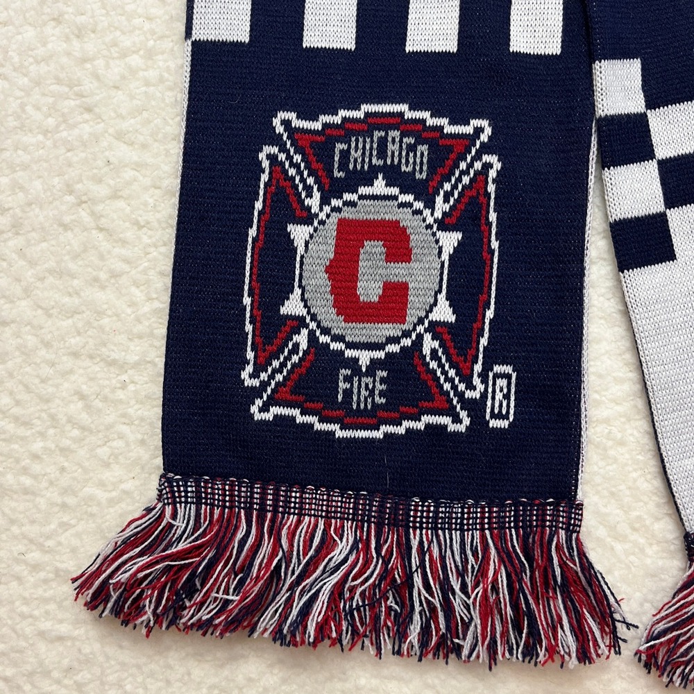 Adidas Chicago Fire MLS Soccer Scarf Knit Reversible Navy‎ White Red Fringe